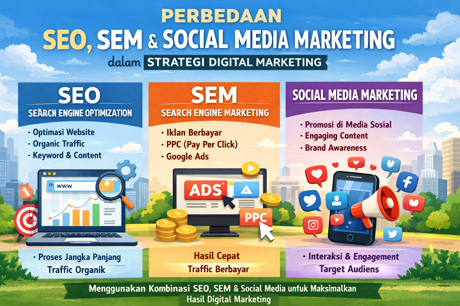 Perbedaan SEO, SEM, dan Social Media Marketing dalam Strategi Digital Marketing
