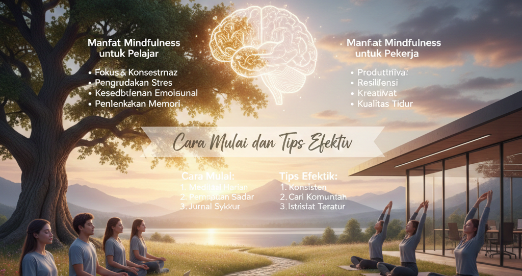 buatkan gambar landscape tentang Manfaat Mindfulness untuk Pelajar dan Pekerja: Cara Mulai dan Tips Efektif
